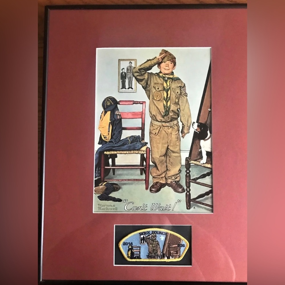 Framed 1960' Norman Rockwell BSA
Boy Scout Print "CANT WAIT" w/
Shoulder Patch
